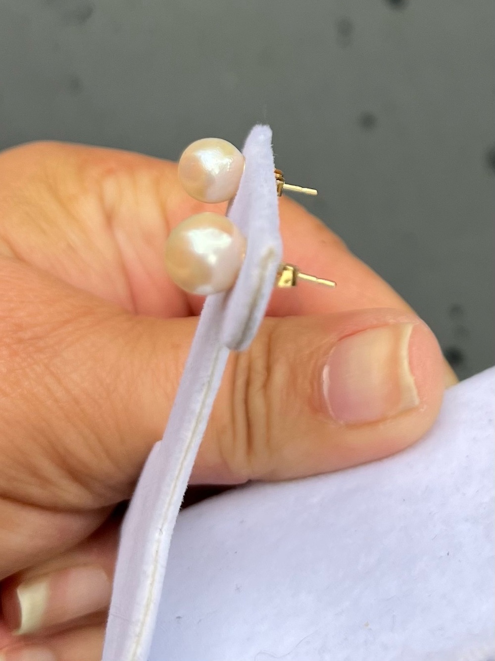 L76:  Just under 8mm Cultured White Pearl Earrings -  10k YG post backs stamped